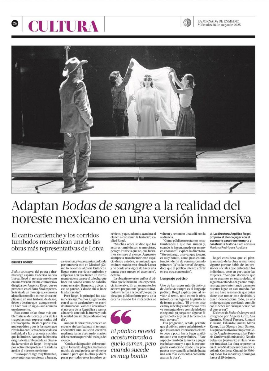 BODAS DE SANGRE (@bodasdesangremx) on Twitter photo Gracias a <a href="/lajornadaonline/">La Jornada</a> por el espacio para compartir Bodas de Sangre. ❤️🔥
Seguimos en funciones en el <a href="/ForoShakespeare/">Foro Shakespeare</a>.
🎭¡Corta temporada! 🎭 Gracias a <a href="/lajornadaonline/">La Jornada</a> por el espacio para compartir Bodas de Sangre. ❤️🔥
Seguimos en funciones en el <a href="/ForoShakespeare/">Foro Shakespeare</a>.
🎭¡Corta temporada! 🎭