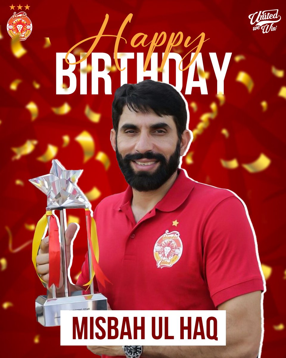 2x #HBLPSL winning captain 🏆
A leader who laid the foundation of excellence at Islamabad United 🙌

Happy Birthday, Misbah-ul-Haq!
Wishing you health, happiness &amp; continued success 🎉

#UnitedWeWin #IUFamily