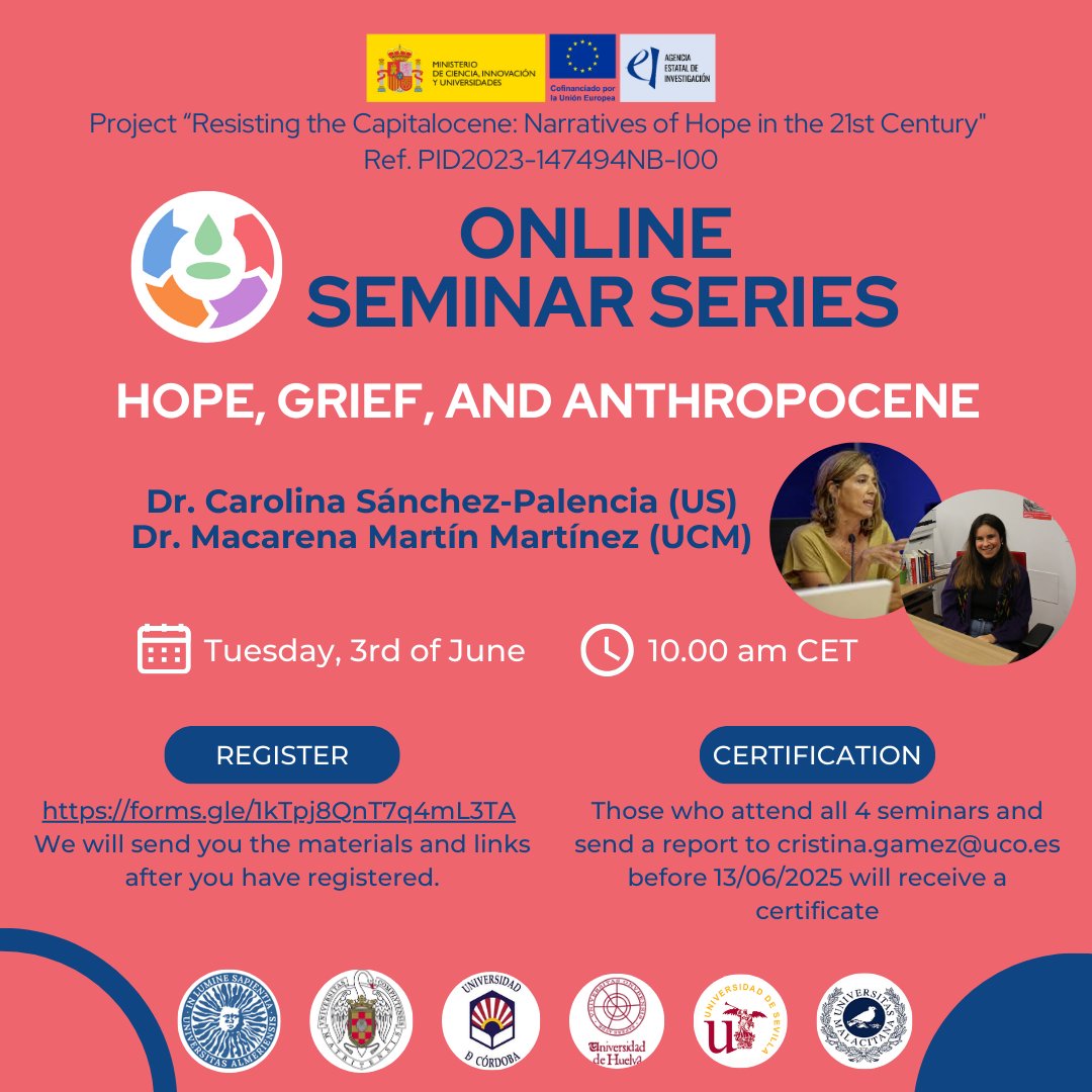 Project Hope (@recaphope) on Twitter photo 🔈 The fourth and last of our seminars is coming soon!
📆 Save the date: Tuesday, 03/06 at 10:00 am CET.
🗣️Speakers: #Carolinasanchezpalencia <a href="/MacarenaMartnM1/">Macarena Martín Martínez</a>
📥 Registration: docs.google.com/forms/u/0/d/e/…
#capitalocene #resistance #hope 🔈 The fourth and last of our seminars is coming soon!
📆 Save the date: Tuesday, 03/06 at 10:00 am CET.
🗣️Speakers: #Carolinasanchezpalencia <a href="/MacarenaMartnM1/">Macarena Martín Martínez</a>
📥 Registration: docs.google.com/forms/u/0/d/e/…
#capitalocene #resistance #hope