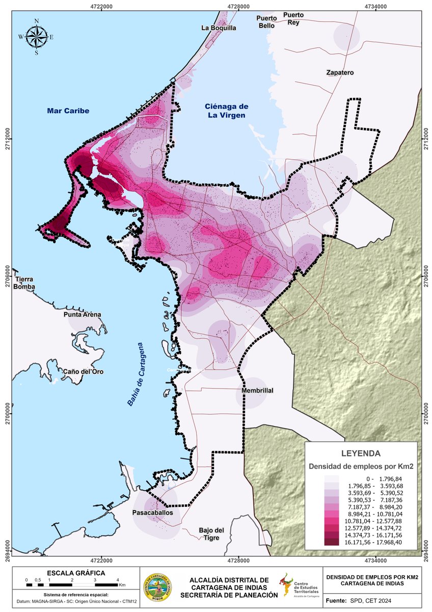 El desajuste espacial entre la densidad poblacional y la densidad de empleo en Cartagena es evidente: las áreas con mayor población no coinciden con los centros de trabajo. Este fenómeno plantea desafíos en movilidad urbana, funcionamiento del sistema masivo de transporte,