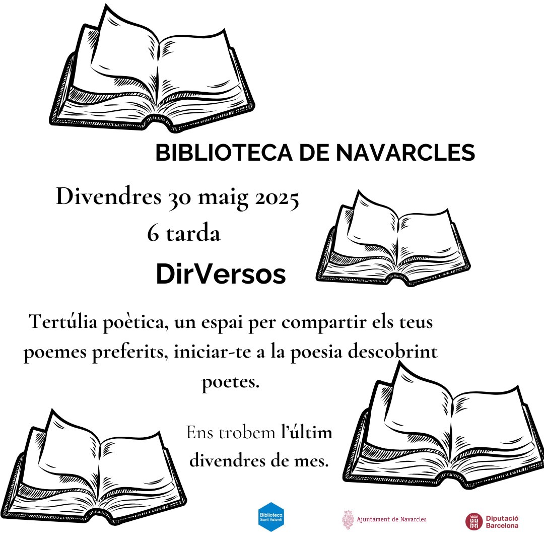 bnavarclessv's tweet photo. Aquest divendres, tertúlia poètica #DirVersos 📚
Obert a tothom!  Si t'agrada la poesia participa! ...si no t'agrada, ets a temps de redescobrir-la 😊
@ajnavarcles @bibliotequesXBM #poetes https://t.co/ImJNAsJi88