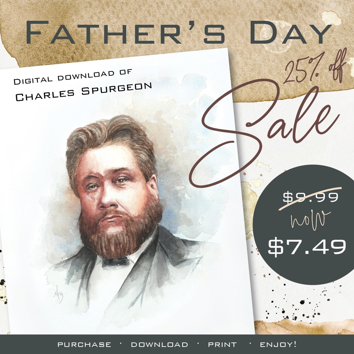 NahumOBrien's tweet image. Proud husband moment - My wife has decided to reopen her Etsy shop with a Father's Day sale of the digital download of her watercolor portrait of Charles Haddon Spurgeon. A perfect gift for that Charles Spurgeon fan.
Link:
etsy.com/listing/431157…
@arinsart
