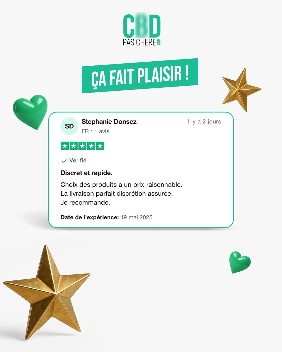 💚 Merci la team pour la confiance 🙏
CBD PAS CHERE continue de régaler comme toujours 🌿

#CbdPasChere #AvisClient