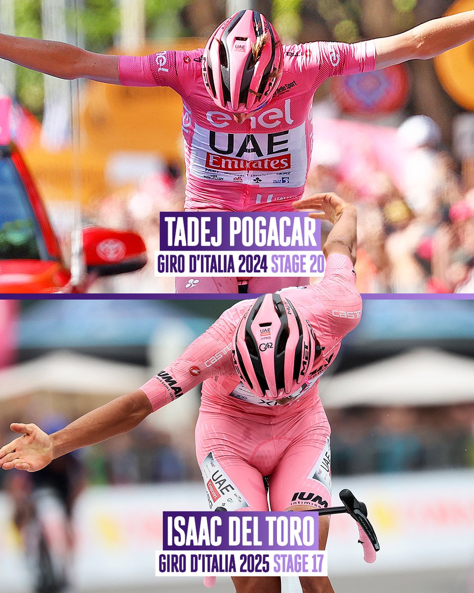 We've seen this one before 😉

After Tadej Pogačar's iconic celebration on Stage 20 last year, Isaac del Toro celebrated his stunning win on Stage 17 with another bow in the Maglia Rosa 💗

📸 Sprint Cycling
_______________
🇮🇹 #GirodItalia