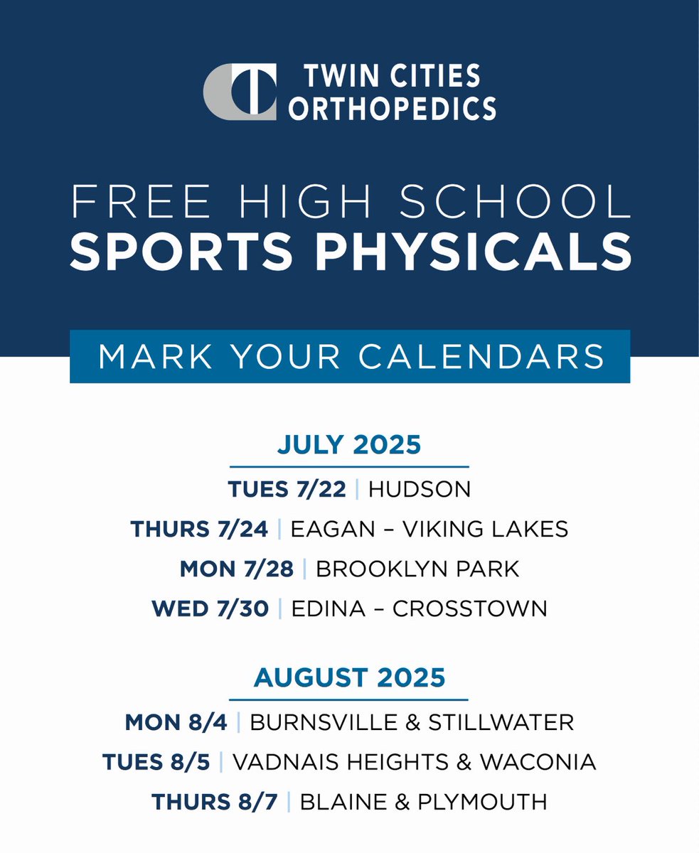 Our partner Twin Cities Orthopedics is offering FREE sports physicals. With 10 convenient locations, making sure your athlete is eligible for sports has never been easier.

Registration opens June 16.
Learn more: TCOmn.com/SportsPhysicals

HS Fall Sports start August 11th!