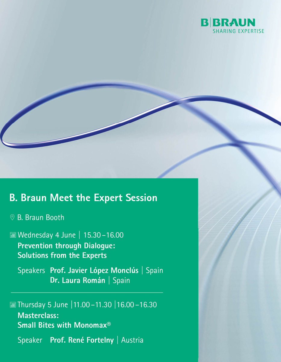 📣 B.Braun Meet the Expert sessions at #EHS2025Paris 

✨Prevention through Dialogue: Solutions from the Experts
🗓️ 4 June 2025
🕒 03:30-04:00 PM
📍B.Braun Booth

✨Masterclass: Small Bites with Monomax®
 🗓️ 5 June 2025
🕒 11:00-11:30 AM and 04:00-04:30 PM
📍B.Braun Booth