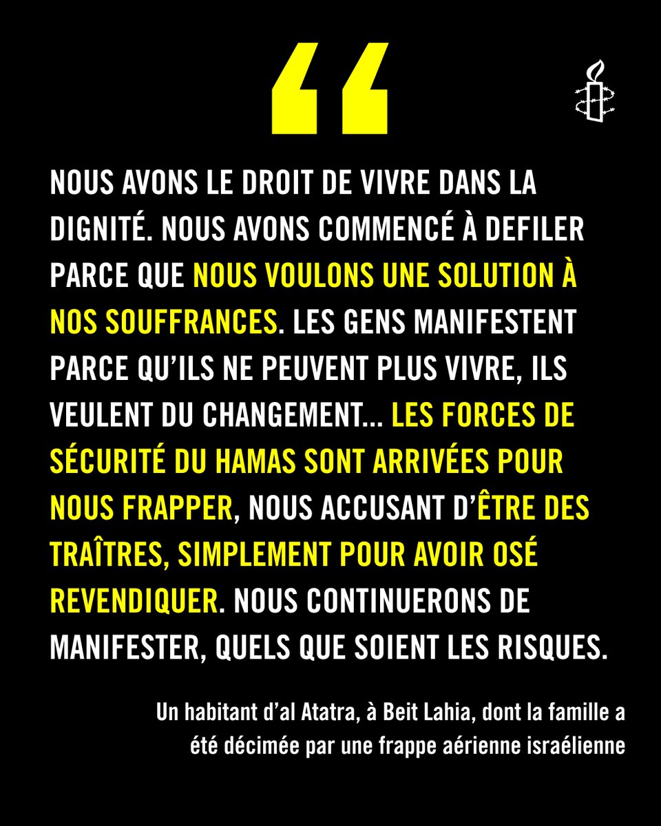 Amnesty Belgique FR ✊ (@amnestybe) on Twitter photo Alors qu'un #génocide israélien est en cours à #Gaza le #Hamas réprime des manifestations pacifiques.
🚨 Arrestations, passages à tabac, menaces sont de mises.
Ignoble et honteux selon <a href="/ErikaGuevaraR/">Erika Guevara Rosas</a>
Analyse et témoignages sur🔗 amnesty.be/repressions-ma… Alors qu'un #génocide israélien est en cours à #Gaza le #Hamas réprime des manifestations pacifiques.
🚨 Arrestations, passages à tabac, menaces sont de mises.
Ignoble et honteux selon <a href="/ErikaGuevaraR/">Erika Guevara Rosas</a>
Analyse et témoignages sur🔗 amnesty.be/repressions-ma…
