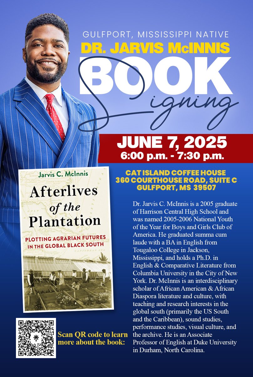 How fitting that my FIRST OFFICIAL BOOK SIGNING for "Afterlives of the Plantation" will be in my hometown, Gulfport, Mississippi, on Saturday, June 7th at 6pm at @Passcbooks/ Cat Island Coffee House! If you'll be in the area, please join me as I discuss the book and sign copies!