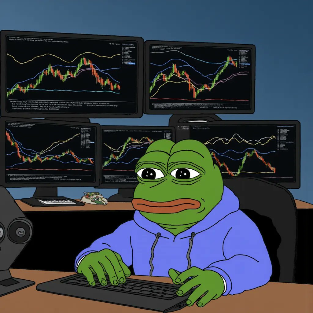 japhy_on_sol's tweet image. Prompt: Pepe as a crypto day trader
Sitting in front of 6 monitors, sweating in a hoodie, charts crashing 📉💸
Model: Pepe Memes