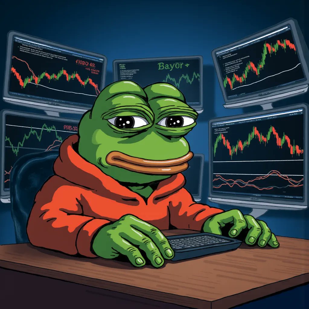 japhy_on_sol's tweet image. Prompt: Pepe as a crypto day trader
Sitting in front of 6 monitors, sweating in a hoodie, charts crashing 📉💸
Model: Pepe Memes