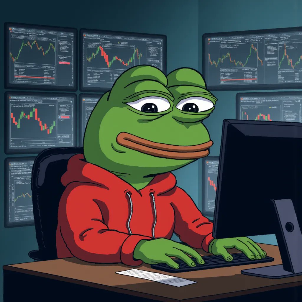 japhy_on_sol's tweet image. Prompt: Pepe as a crypto day trader
Sitting in front of 6 monitors, sweating in a hoodie, charts crashing 📉💸
Model: Pepe Memes