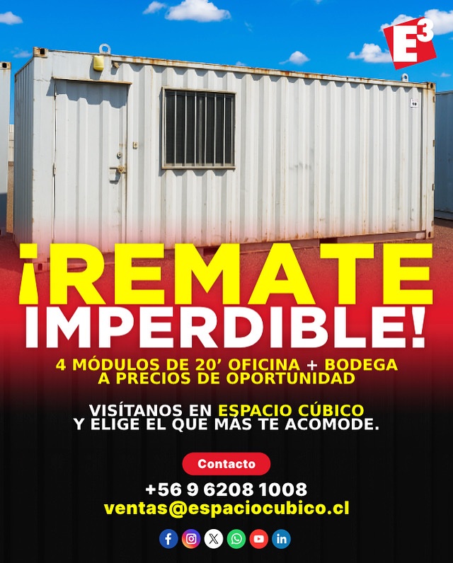 🚨 ¡OFERTA IMPERDIBLE! 🚨 4 módulos de 20’ usados (Oficina + Bodega) a precios de remate! Visítanos en #EspacioCúbico y elige el que más te acomode. 

📱 WhatsApp: +56 9 6208 1008
📩 Correo: ventas@espaciocubico.cl
☎️ Teléfono: 51 2 677 890
🌐 www.espaciocubico.