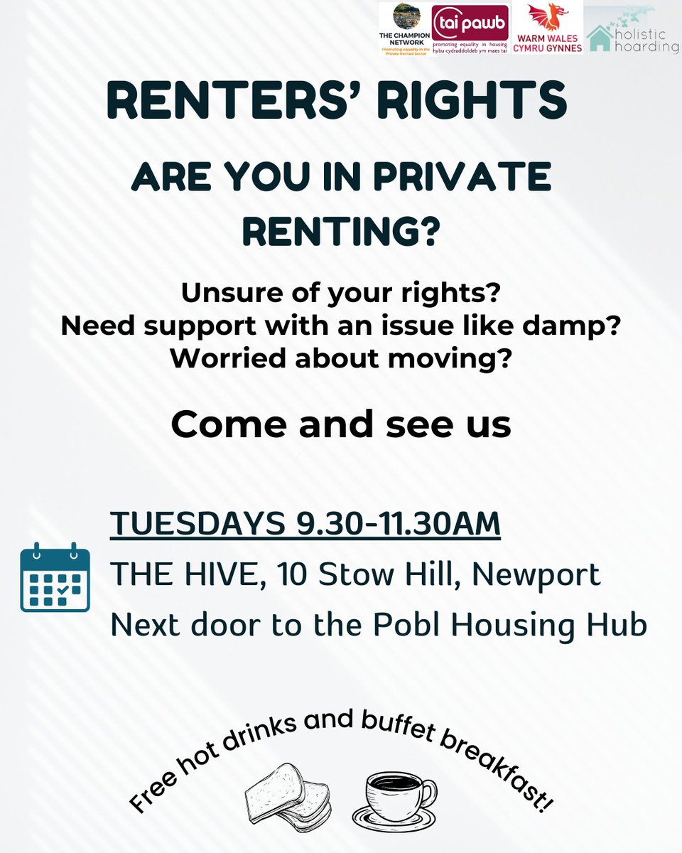 Yn rhentu a ddim yn sicr o’ch hawliau? Nid chi ydy’r   unig un. Ymunwch â sesiynau galw heibio <a href="/TaiPawb/">Tai Pawb</a> ar Hawliau Rhentwyr
 
    📍Yr Hive, Casnewydd NP20 1JB
    🕒Ar ddydd Mawrth 9:30–11:30am
 
Cael cyngor arbenigol, cael eich grymuso a chymryd rheolaeth dros eich tenantiaeth