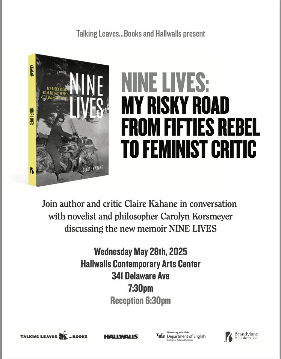 Tonight in Buffalo! Join us at Hallwalls to hear about Claire Kahane's memoir, "Nine Lives: My Risky Road from Fifties Rebel to Feminist Critic."