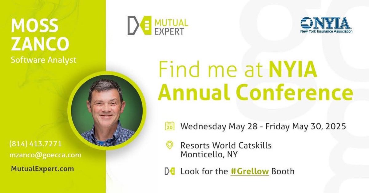 Mutual Expert is looking forward to the NYIA Annual Conference on May 28-30, 2025.
 
Look for the Grellow booth at the Resorts World Catskills!
 
<a href="/nyinsuranceassn/">NYIA</a> Annual Conference
May 28 – 30, 2025
Monticello, NY