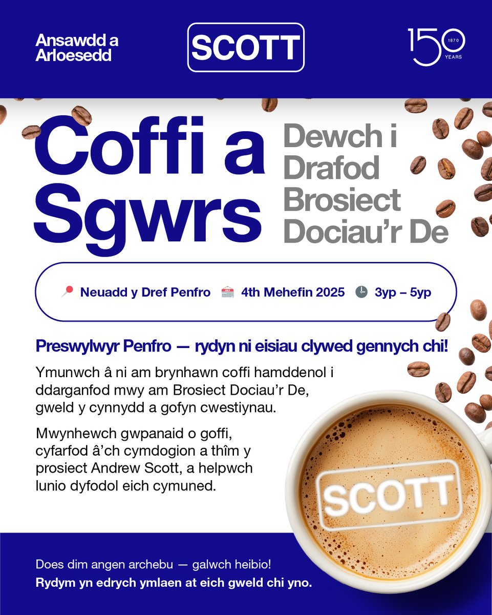 Preswylwyr Penfro – ymunwch a ni am coffi a sgwrs am brosiect Dociau’r De:

📍Neuadd Y Dref Penfro
🗓️Mercher 4 Mehefin 2025
🕒3yp-5yp

Rydym yn edrych ymlaen at eich gweld chi yno.

<a href="/Pembrokeshire/">PembrokeshireCC</a>
