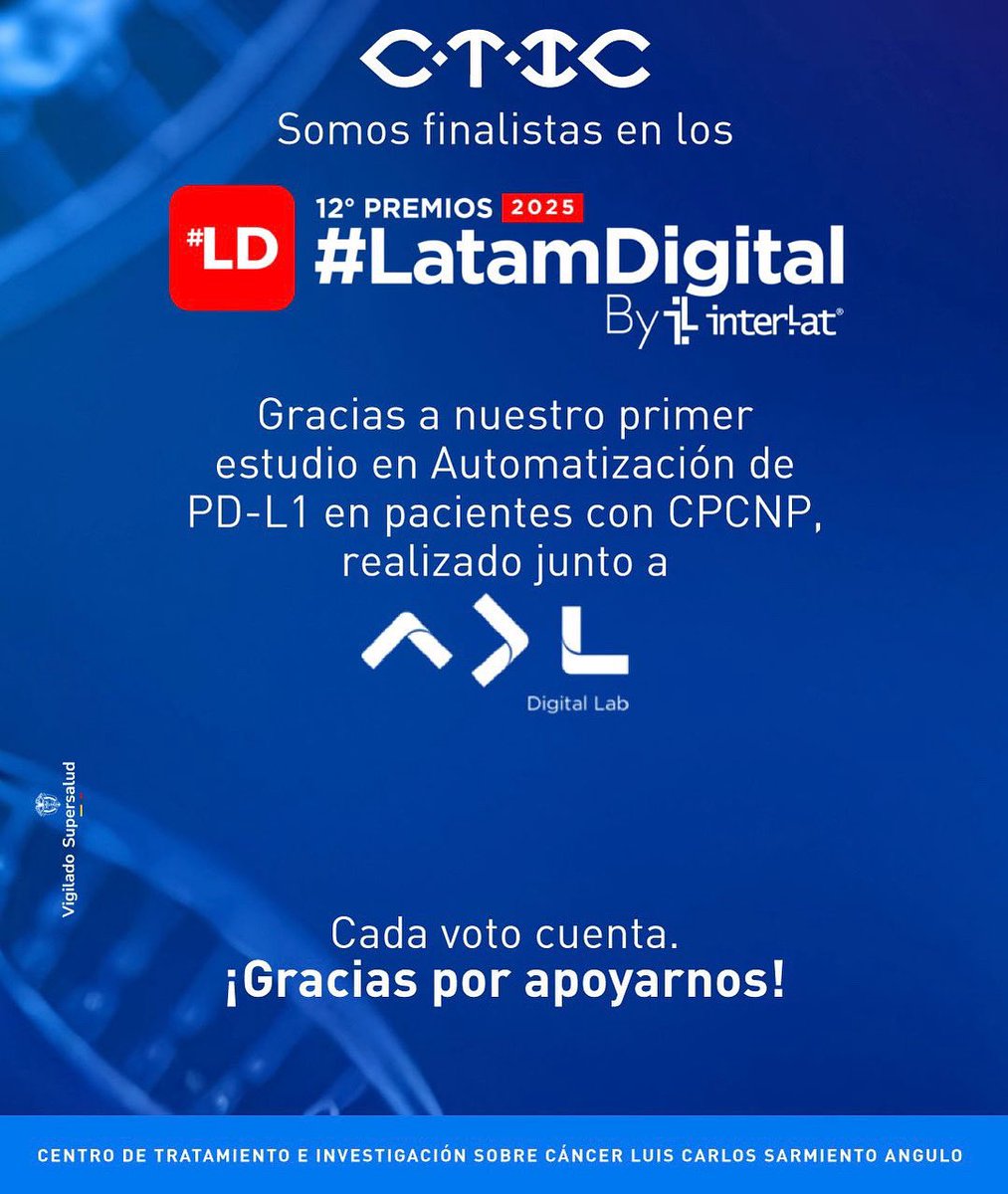 ¡Estamos nominados en los Premios Latam Digital!
Nuestro estudio sobre Automatización de PD-L1 en pacientes con Cáncer de Pulmón de Células No Pequeñas (CPCNP), desarrollado junto a ADL, ha sido reconocido por su innovación.

🗳️ Tu voto nos impulsa a seguir transformando la