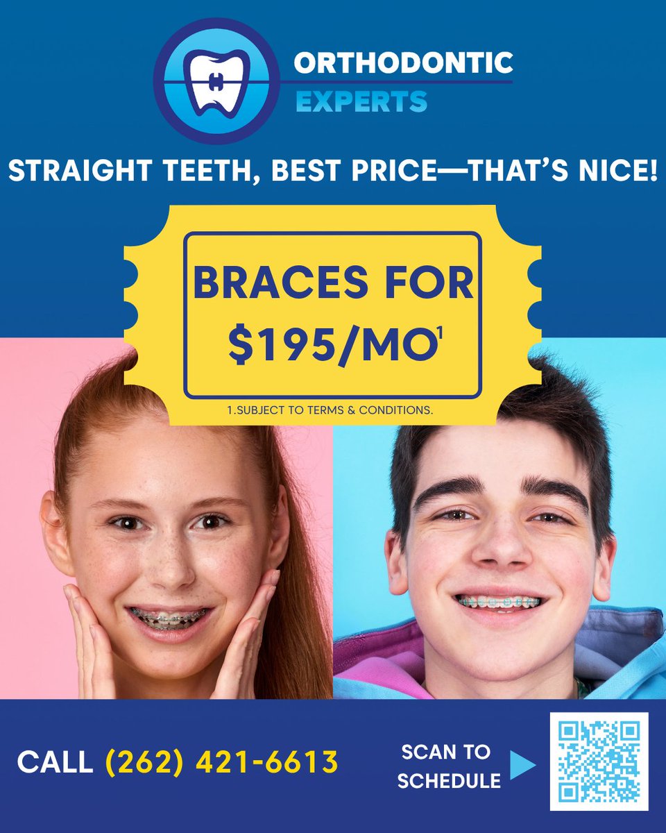 Thanks to <a href="/OrthoExperts/">Orthodontic Experts</a>, you can get braces for just $195/month. 

Straight teeth, best price—that’s nice!
📞 Call (262) 421-6613 or scan the code to schedule your consultation today.

Click the link below for more information!
tinyurl.com/LSC25Ortho