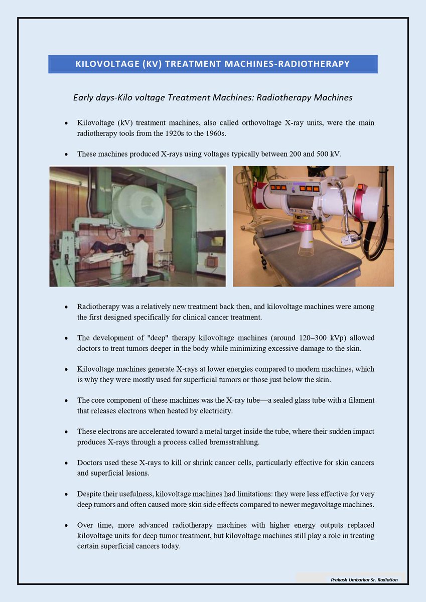 From 1920s-1960s, kV machines (orthovoltage X-ray units) were key in radiotherapy. Simpler than modern tech, they shaped radiation therapy, still used for superficial cancers, showing cancer care progress.
#Radiotherapy #kVMachines #RadiationTherapy #MedPhysics #CancerCare