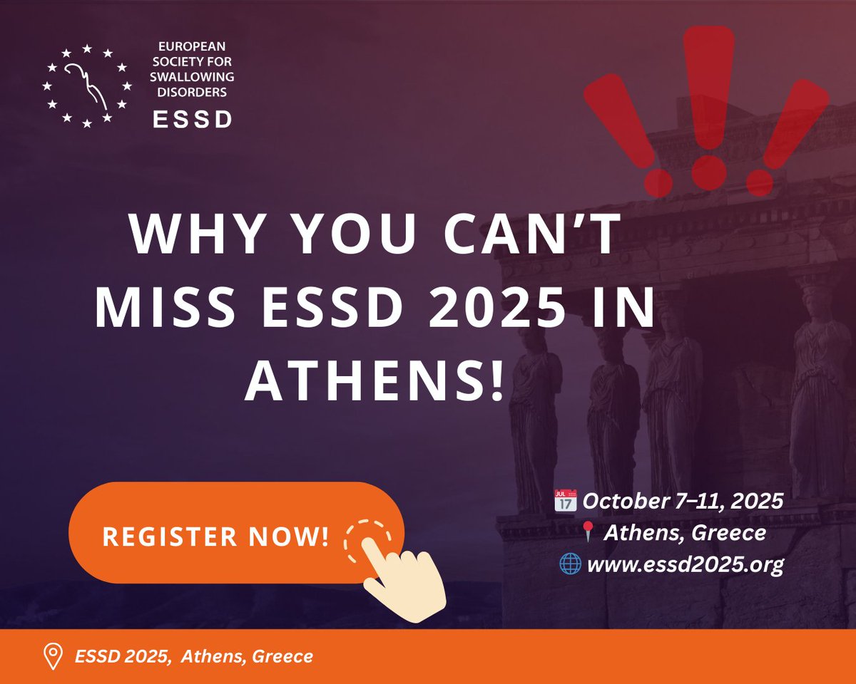 🌍 #ESSD2025 in #Athens – Don’t Miss It! 🏛️
Here's why you need to be there:
✨ Cutting-edge research &amp; certification courses 
🤝 Network with global #dysphagia experts
📍 All in the historic and vibrant city of Athens
🔗pcoconvin.eventsair.com/essd25/registr…