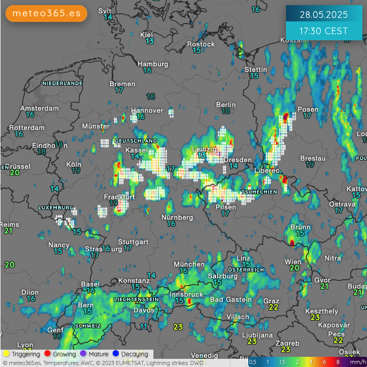 #Wetter in Deutschland - Aktuell verbreitet #Gewitter, lokal auch Hagel - Radar mit NowCast meteo365.es/de/weather/obs…
