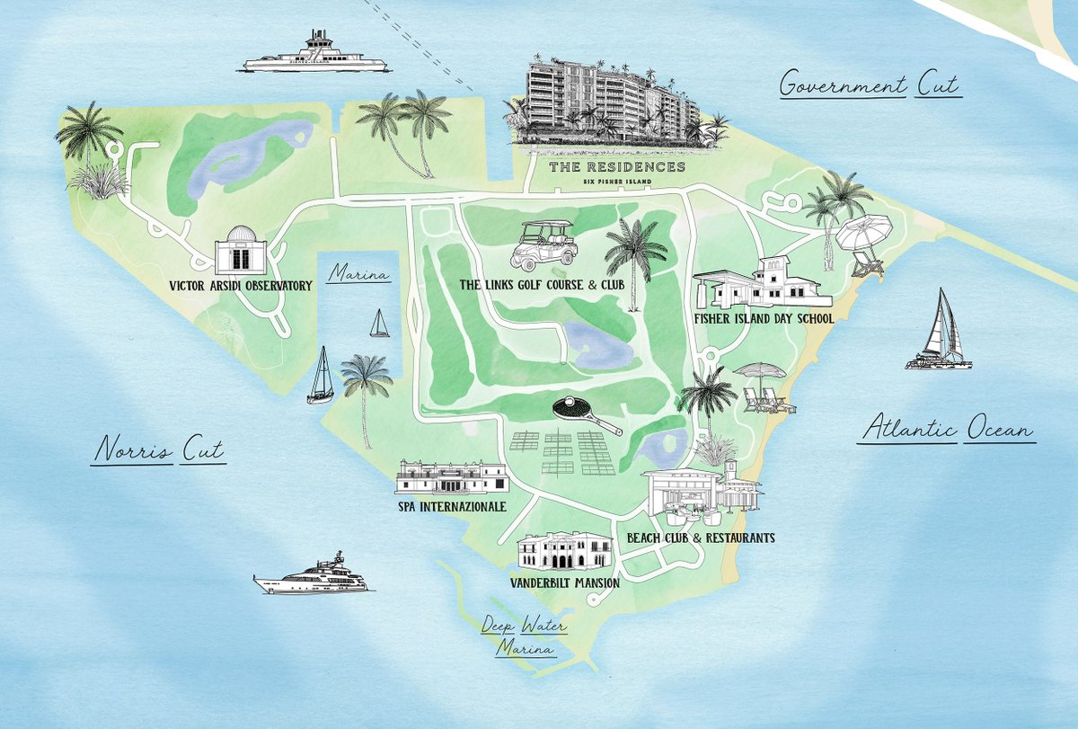 Illustrated map of Fisher Island, FL with <a href="/andpartners/">アンドパートナーズ株式会社</a> Minimal Hand-drawn landmarks like the Vanderbilt Mansion &amp; Beach Club, finished with subtle watercolour. bit.ly/4kkklNu #illustration #mapart