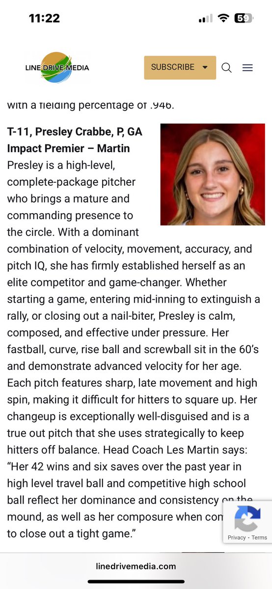 Presley Crabbe (@presleyc2028) on Twitter photo Honored to be ranked #11 Nationally by Line Drive media. I’m thankful for God giving me the ability to pitch and for a platform that allows our talents to be recognized. <a href="/GeorgiaImpactFP/">Georgia Impact Fastpitch Organization</a> <a href="/GAImpPremMartin/">GA Impact Premier Martin</a> <a href="/LineDsoftball/">Line Drive Media</a> <a href="/ladycanessball/">CHS SOFTBALL</a> <a href="/Softball_Home/">Softball Home🥎</a> <a href="/PrepSoftball/">Prep Softball 🥎</a> <a href="/SoftballPortal/">Softball Portal</a> Honored to be ranked #11 Nationally by Line Drive media. I’m thankful for God giving me the ability to pitch and for a platform that allows our talents to be recognized. <a href="/GeorgiaImpactFP/">Georgia Impact Fastpitch Organization</a> <a href="/GAImpPremMartin/">GA Impact Premier Martin</a> <a href="/LineDsoftball/">Line Drive Media</a> <a href="/ladycanessball/">CHS SOFTBALL</a> <a href="/Softball_Home/">Softball Home🥎</a> <a href="/PrepSoftball/">Prep Softball 🥎</a> <a href="/SoftballPortal/">Softball Portal</a>