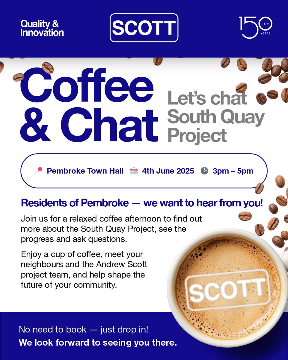 Residents of Pembroke – Join us for a coffee &amp; a chat to talk about our South Quays Project:

📍 Pembroke Town Hall
 📅 Wednesday, 4th June 2025
 🕒 3pm – 5pm

We look forward to seeing you there.

<a href="/Pembrokeshire/">PembrokeshireCC</a>
