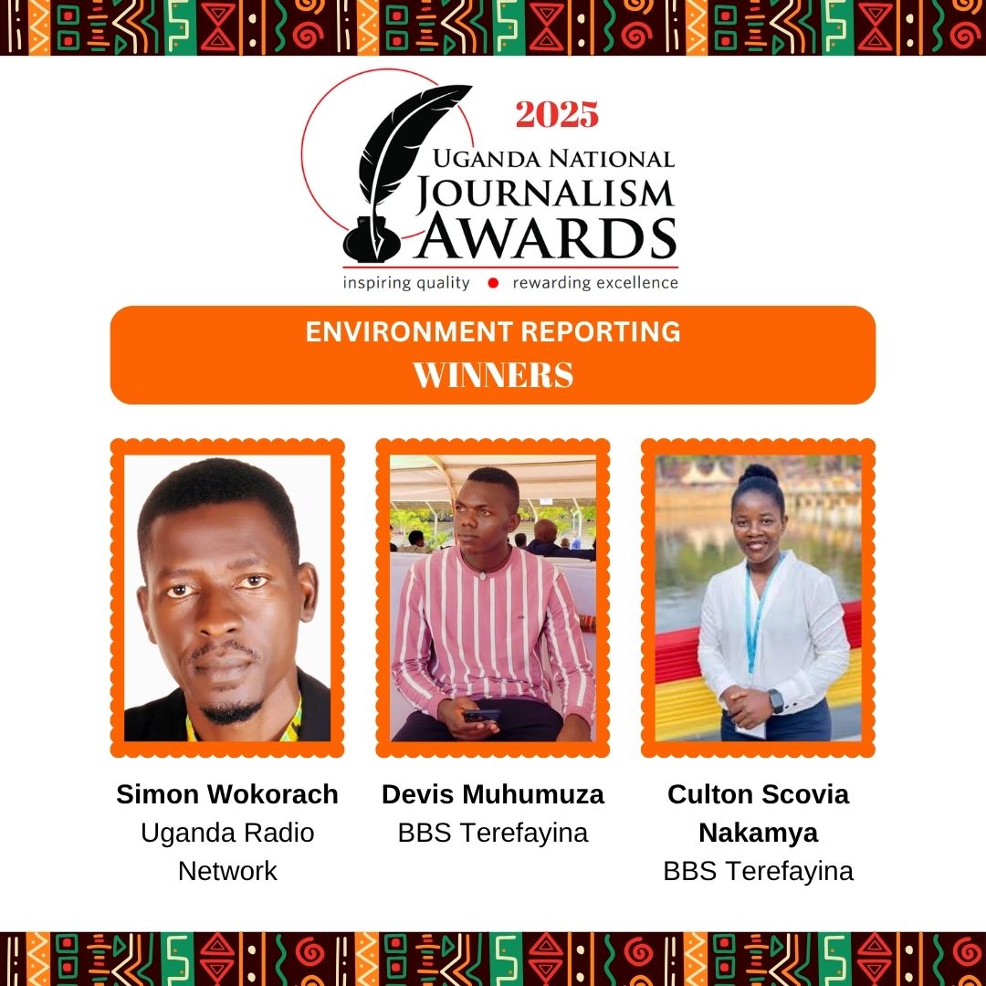 The winners of the Environment
Reporting Award jointly presented by <a href="/UNOC_UG/">UNOC</a> and <a href="/EACOP_/">EACOP</a> are: Simon Wokorach, a freelance journalist, and Culton Nakamya and Devis Muhumza of BBS Terefayina. This award is brought in partnership with <a href="/csjuganda/">ClimateSmartJobs</a>