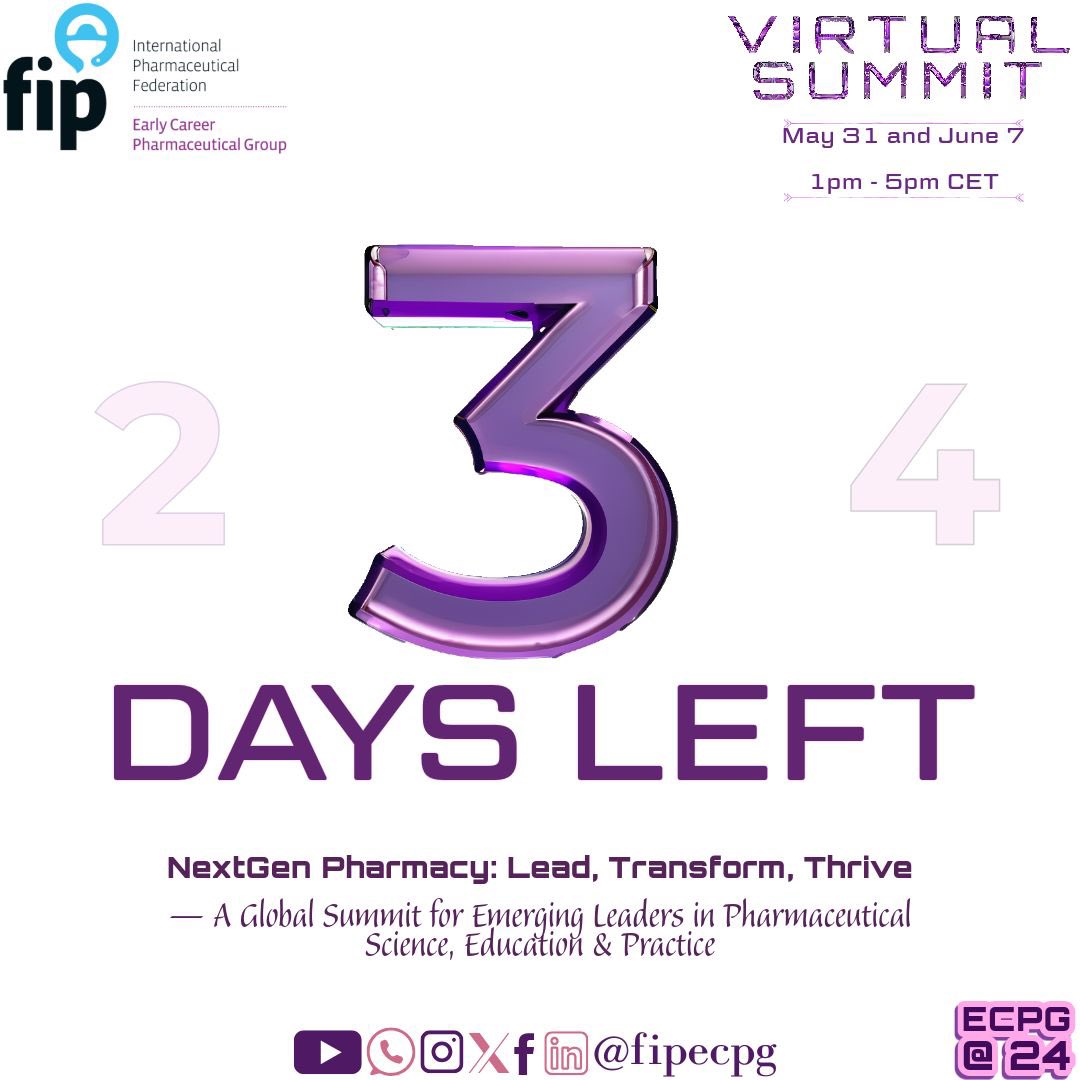 3 Days to Go! 🙌

You’re invited to the first-ever FIP ECPG Virtual Summit — a global summit for emerging leaders in pharmaceutical science, education, and practice. 

🗓️ 31 May &amp; 7 June 2025 | 1–5 PM CET
🌍 Two days. Countless ideas. One vibrant community.