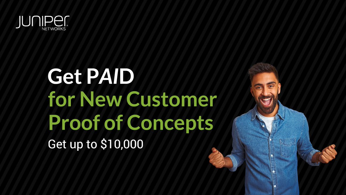 Our Get PAID New Customer Proof of Concept Incentive Reward is now available for Security and AWAN POCs in addition to WLAN and Data Center POCs. Qualified participants can earn up to $10,000! Visit the Get PAID page on Partner Center for more details: juni.pr/43fS04S