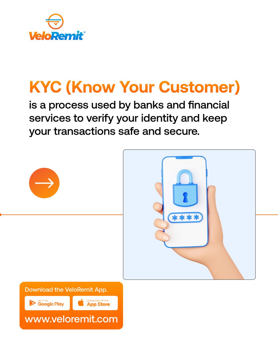 veloremit's tweet photo. Ever been asked to verify your ID on a money transfer app? That’s KYC – Know Your Customer!
It’s more than just a formality — it helps protect your money and prevent fraud. Swipe through to learn more!
#KYCExplained #KnowYourCustomer #VeloRemit #SendMoneyEasy #NigeriansInUK https://t.co/lzcv9XNM4K