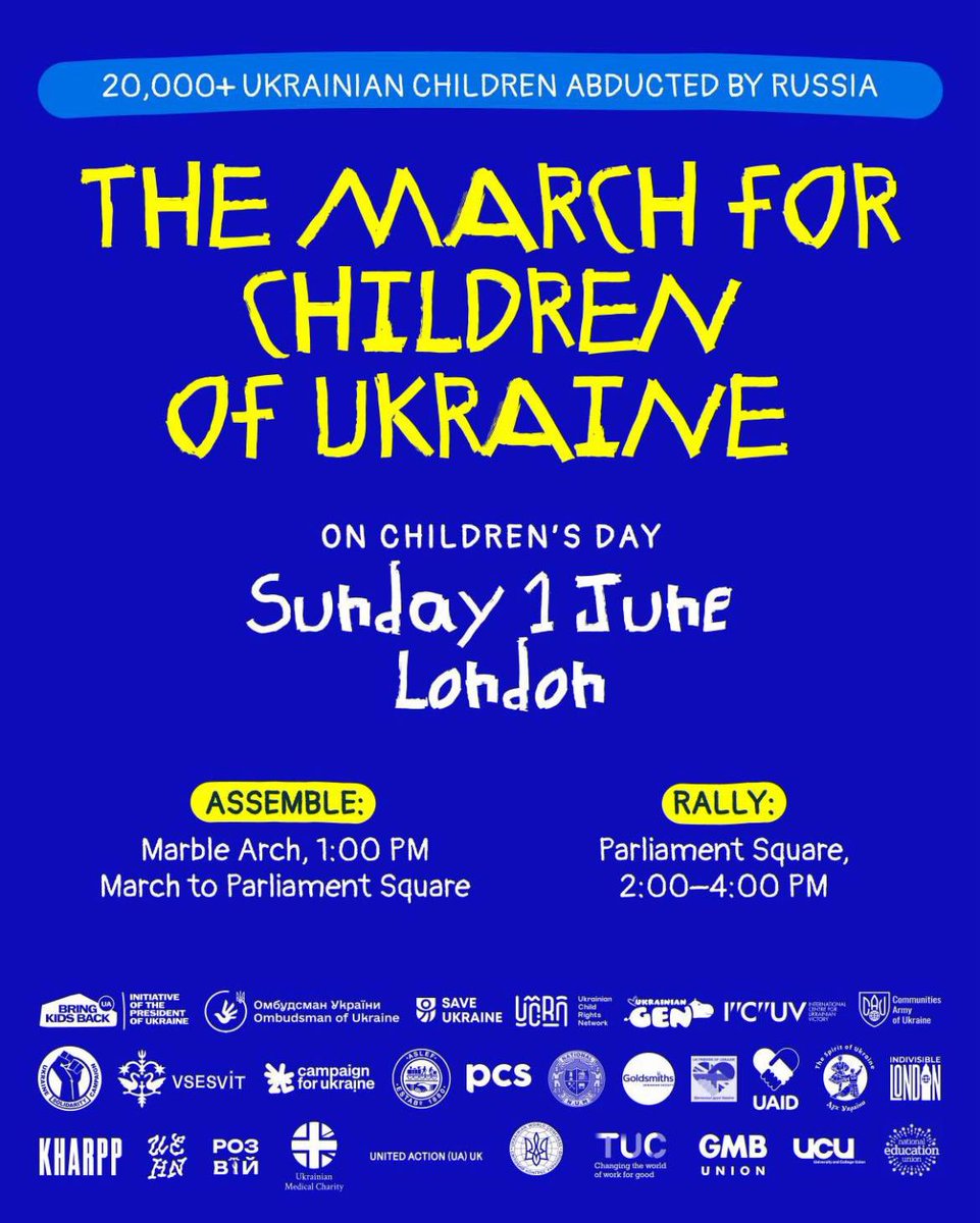 GMB Union (@gmb_union) on Twitter photo Ukrainian children must be freed from abduction and displacement by Russia's brutal occupation.
Join <a href="/UkraineSol/">Ukraine Solidarity Campaign 🇺🇦✊🏽🚩</a> March for the Children of Ukraine on 1st June at 1pm, Marble Arch, London 🇺🇦 Ukrainian children must be freed from abduction and displacement by Russia's brutal occupation.
Join <a href="/UkraineSol/">Ukraine Solidarity Campaign 🇺🇦✊🏽🚩</a> March for the Children of Ukraine on 1st June at 1pm, Marble Arch, London 🇺🇦
