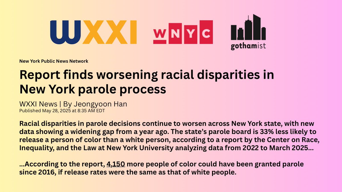 NEW: A report finds worsening racial disparities in NY’s parole decisions. 

Since 2016, there would have been 4,152 more releases granted to people of color if their release rates matched white people’s, including 1,833 since Gov. Hochul took office. 

We demand Parole Justice!