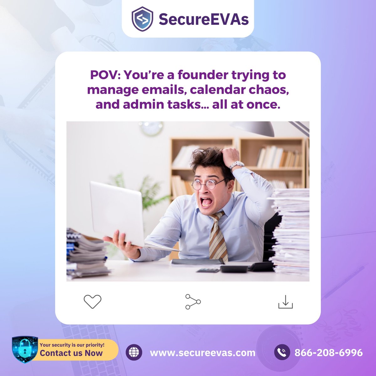 SecureEVAs's tweet photo. POV: You’re a founder juggling inbox overload, calendar chaos, and endless admin tasks — all at once.

#FounderLife #DelegationIsPower #VirtualAssistantSupport #SecureEVAs #EntrepreneurStress #AdminOverload #InboxZero #TimeFreedom #FounderSupport #WorkSmarterNotHarder https://t.co/GJtNVhIJhW