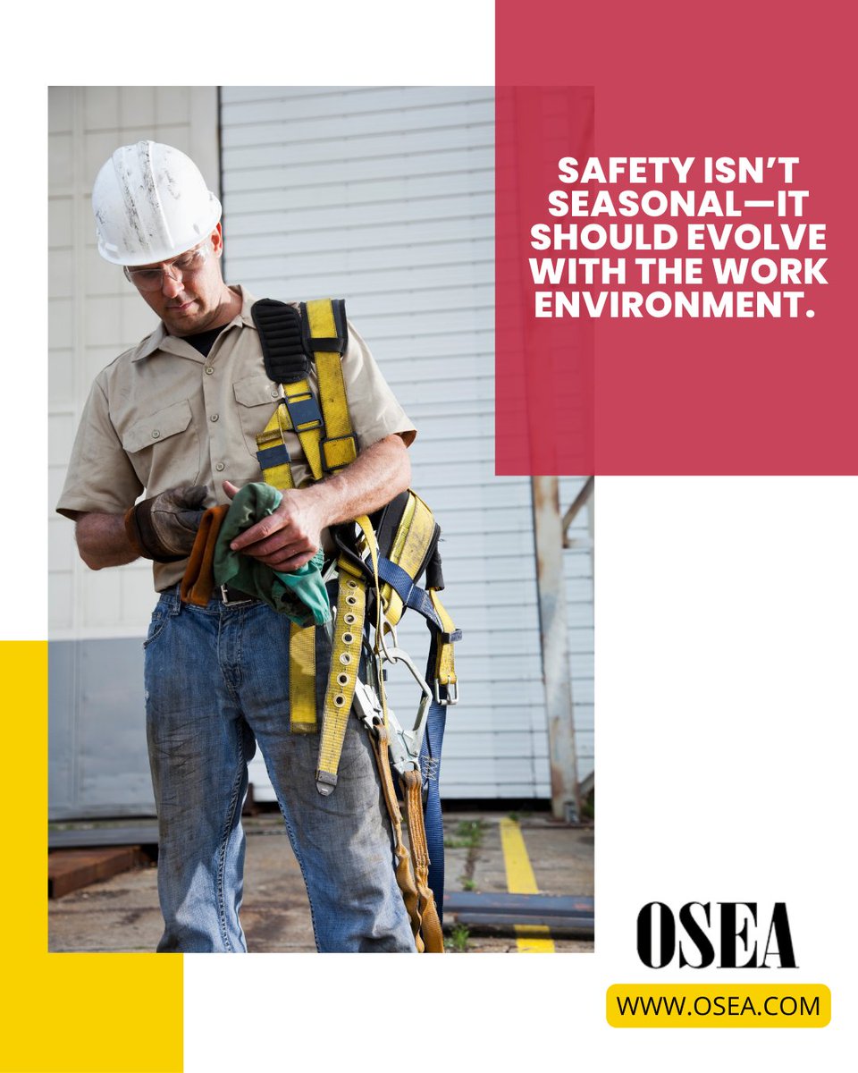 OSEAinc's tweet photo. Hot weather brings heat stress. Cold months bring slips and reduced visibility. Busy seasons increase fatigue and distractions.

Adjust training, equipment, and schedules accordingly. A dynamic safety plan responds to changing conditions to protect workers year-round, not jus ... https://t.co/GPDnQ7GMZL