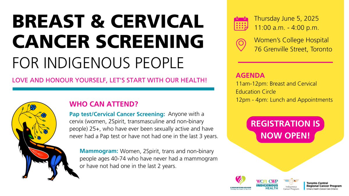 The Centre For Wise Practices ⬌ Indigenous Health (@wchindigenous) on Twitter photo 📣 Spots are still available for our FREE breast & cervical #cancerscreening event for #Indigenous people! Join us for a culturally safe screening experience — no referral needed.
🗓️ June 5
⏰ 11am-4pm
📍<a href="/WCHospital/">Women's College Hospital</a> Labyrinth
📩 Email indigenoushealth@wchospital.ca to register! 📣 Spots are still available for our FREE breast & cervical #cancerscreening event for #Indigenous people! Join us for a culturally safe screening experience — no referral needed.
🗓️ June 5
⏰ 11am-4pm
📍<a href="/WCHospital/">Women's College Hospital</a> Labyrinth
📩 Email indigenoushealth@wchospital.ca to register!