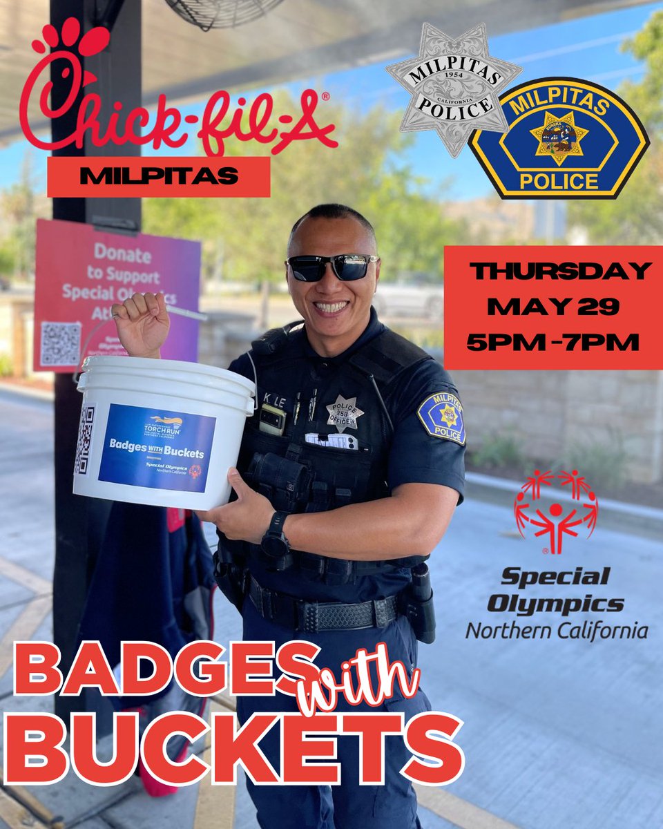 MilpitasPD's tweet photo. 👮‍♂️ Badges & Buckets at Chick-fil-A Milpitas
Join us for Badges with Buckets at Chick-fil-A Milpitas (755 E. Calaveras Blvd) on Thursday, May 29th from 5–7 PM!

We’re teaming up with Chick-Fil-A to raise funds for the Special Olympics of Northern California 💙 Every dollar you drop in a bucket (or scan on a phone) goes directly to support the athletes. 🏅

We hope to see you there!

#BadgesWithBuckets #SpecialOlympicsNorCal #ChickfilA #Milpitas #MilpitasCA #BeMilpitasPD