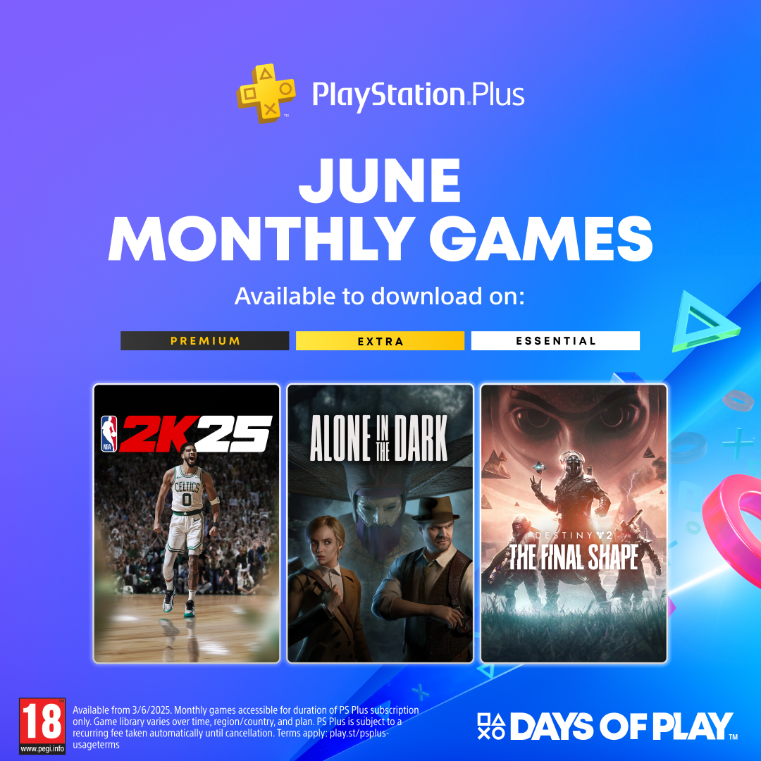 Say hello to your PlayStation Plus Monthly Games for June

🏀 NBA 2K25
🔦 Alone in the Dark (2024)
🛼 Bomb Rush Cyberfunk
🪐 Destiny 2: The Final Shape

Full details: