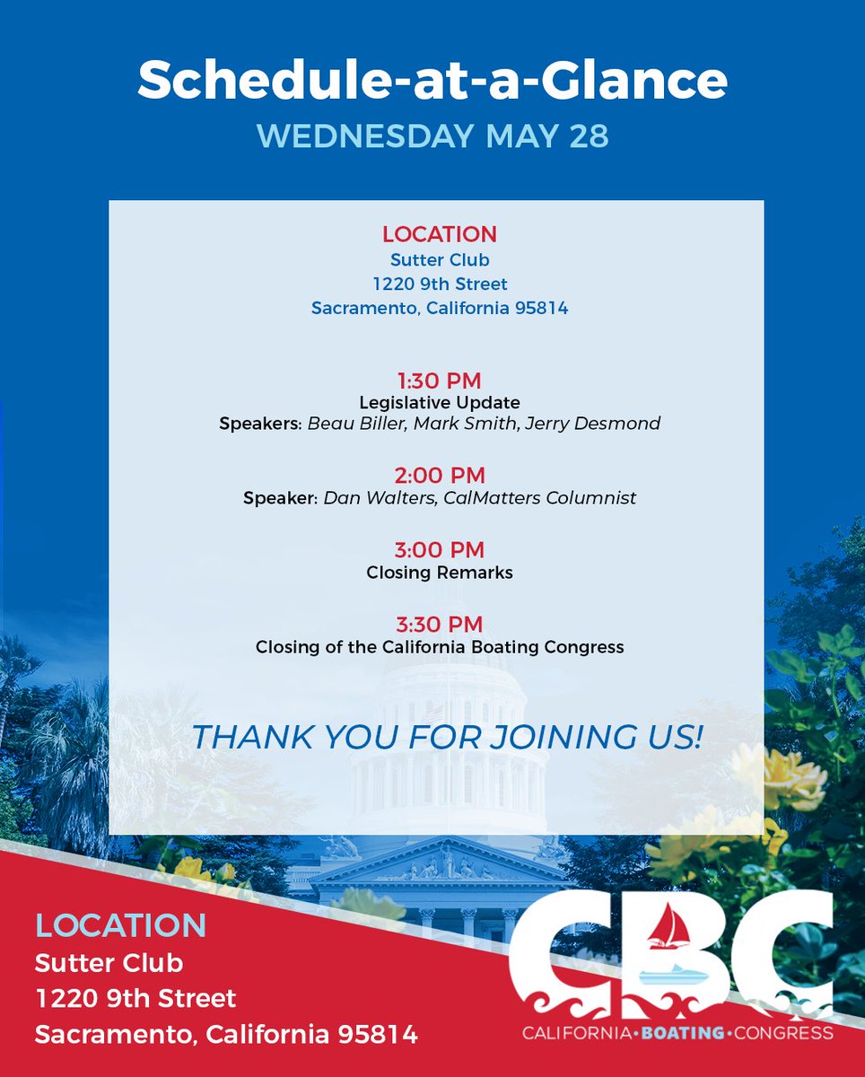 🚨 It’s the final day of CBC 2025!
Thank you for being part of this important event. Here’s a quick look at today’s schedule
View the full schedule: marina.swoogo.com/cbc2025/8133266 
#CBC2025 #MarineIndustry #BoatingPolicy #YourMRA #CaliforniaBoating #FinalDay #BoatingLeadership