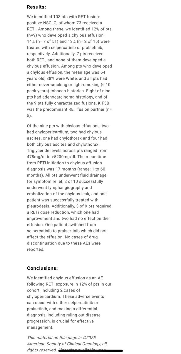 alvaroonco's tweet photo. 🚀Heading to @ASCO 2025 and excited to share our work on RET-fusion NSCLC and a specific RETi AE

📊73 patients treated at MDACC
🔑KTs
💊Both agents can induce chylous effusion
📈12% incidence
✅1st reported case of chylopericardium
❗No drug discontinuation

See you at #ASCO2025 https://t.co/OiV8BUqGTV
