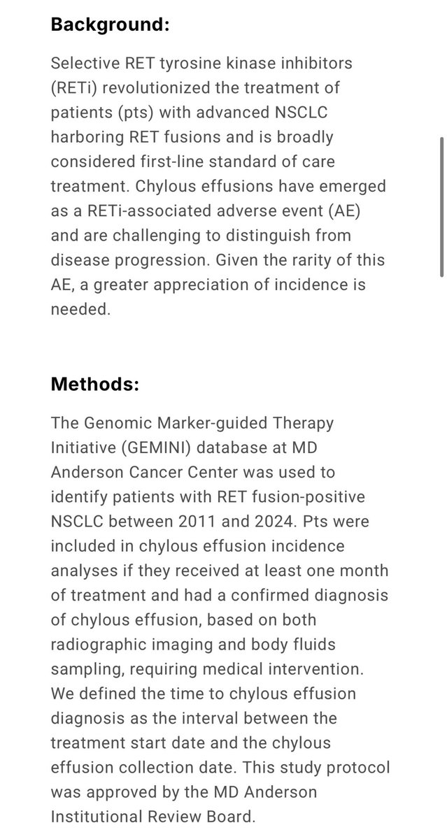 alvaroonco's tweet photo. 🚀Heading to @ASCO 2025 and excited to share our work on RET-fusion NSCLC and a specific RETi AE

📊73 patients treated at MDACC
🔑KTs
💊Both agents can induce chylous effusion
📈12% incidence
✅1st reported case of chylopericardium
❗No drug discontinuation

See you at #ASCO2025 https://t.co/OiV8BUqGTV