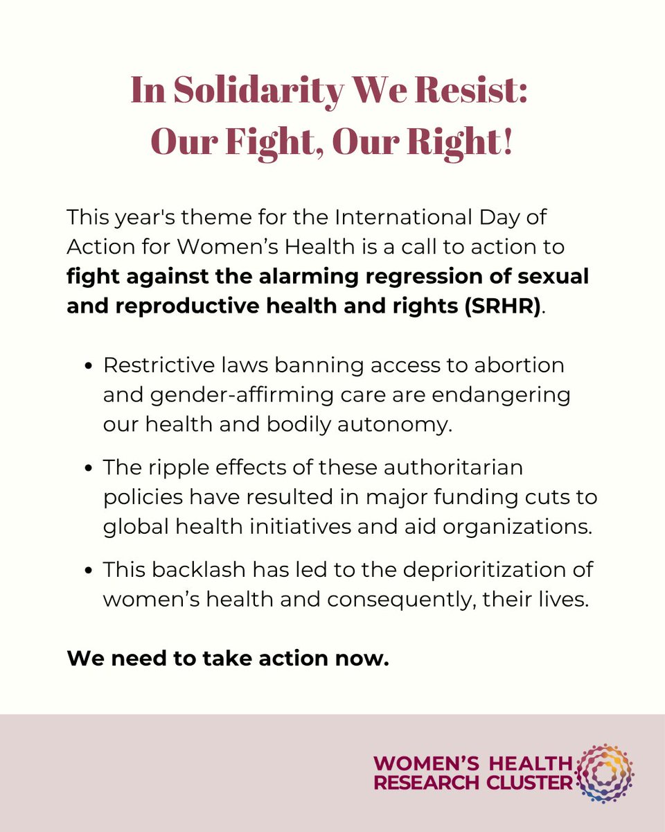 ResearchonWH's tweet image. International Day of Action for Women's Health is a reminder to see what you can do to help women+ around the world gain and preserve access to sexual and reproductive healthcare.
Visit may28.org to learn more!
#WomensHealthMatters #SRHR4All #May28