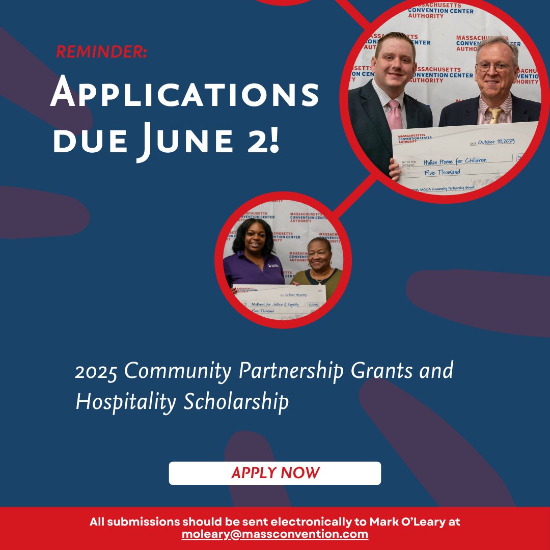 The deadline to submit applications for the MCCA's Community Partnership Grants &amp; Hospitality Scholarships Program is due Monday, June 2! Visit the link below to apply today:

massconvention.com/community/gran…