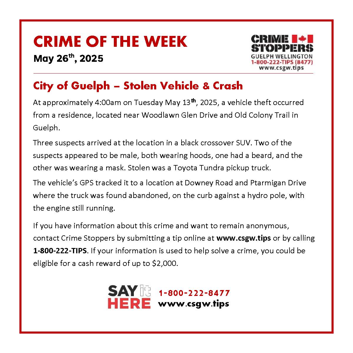 Somebody saw this. Know who is responsible? #SayItHere 1-800-222-TIPS csgw.tips 

Anonymous and confidential. If your info leads to an arrest you may be eligible for a cash reward of up to $2,000.
#Guelph