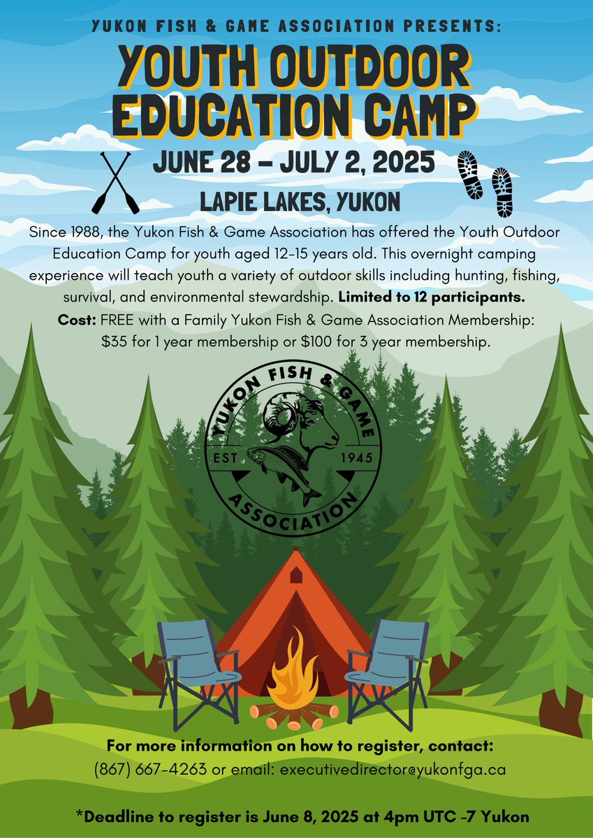 Grab your tackle boxes and sleeping bags, the Youth outdoor education camp is officially open for registration! 

Free for Yukon Fish and Game members. We only have 12 available spots, so get your applications in now!

Email wildliferesourcemanager@yukonfga.ca for more details