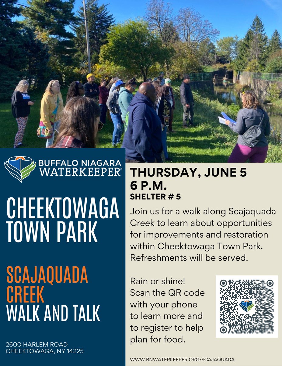 CHEEKTOWAGA RESIDENTS: Join us 6/5 at 6pm for a free walk along Scajaquada Creek in Cheektowaga Town Park to learn about opportunities for restoration. Meeting Shelter #5 and refreshments will be served! For more information and to register, please visit bnwaterkeeper.org/scajaquada
