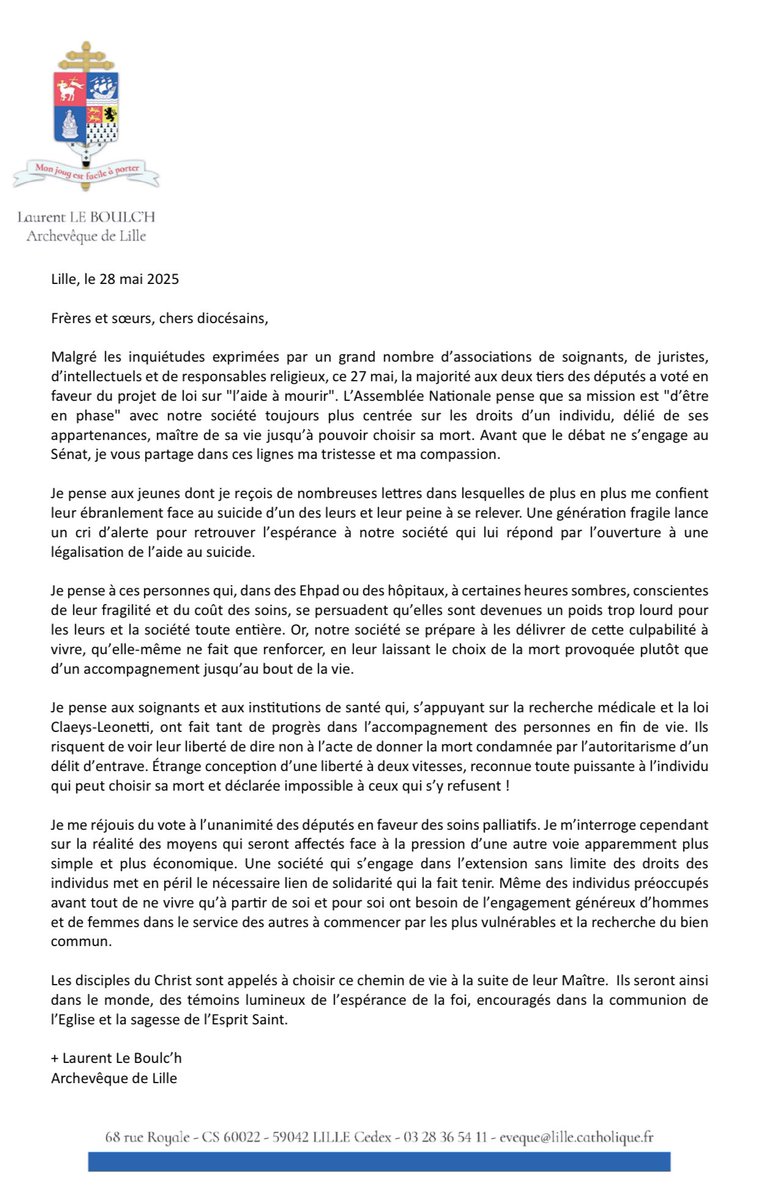 DiocesedeLille's tweet image. Réaction de @MgrLeBoulch suite aux votes à l’Assemblée nationale.
« Avant que le débat ne s’engage au
Sénat, je vous partage dans ces lignes ma tristesse et ma compassion. »

#euthanasie #suicideassiste #aideàmourir