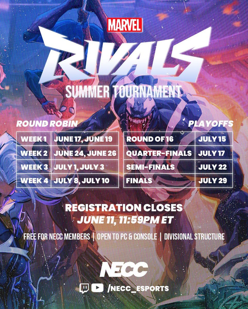 𝗡𝗘𝗖𝗖 𝗠𝗮𝗿𝘃𝗲𝗹 𝗥𝗶𝘃𝗮𝗹𝘀 𝗦𝘂𝗺𝗺𝗲𝗿 𝗧𝗼𝘂𝗿𝗻𝗮𝗺𝗲𝗻𝘁 

Let's do this! Register your team today 

More ➡️ buff.ly/z04fbSm