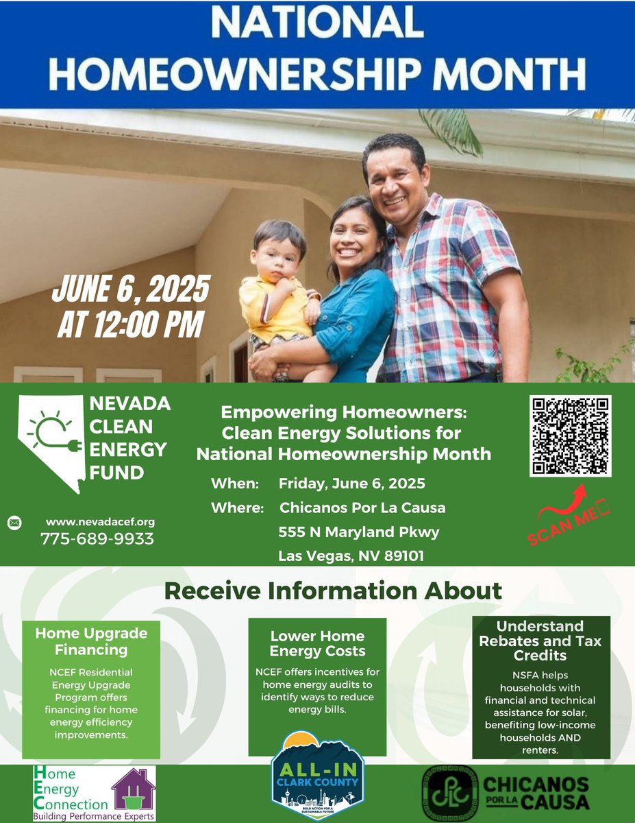 Join us June 6 for National Homeownership Month! We're teaming up with Chicanos Por La Causa to share how clean energy upgrades can save you money and power your home more efficiently. #CommunityEvent #Nevada